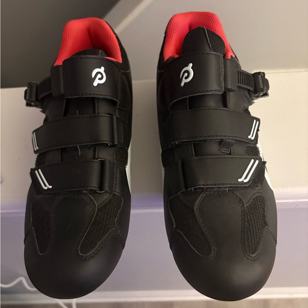 Peloton Black and White Cycling Shoes with Red Cleats